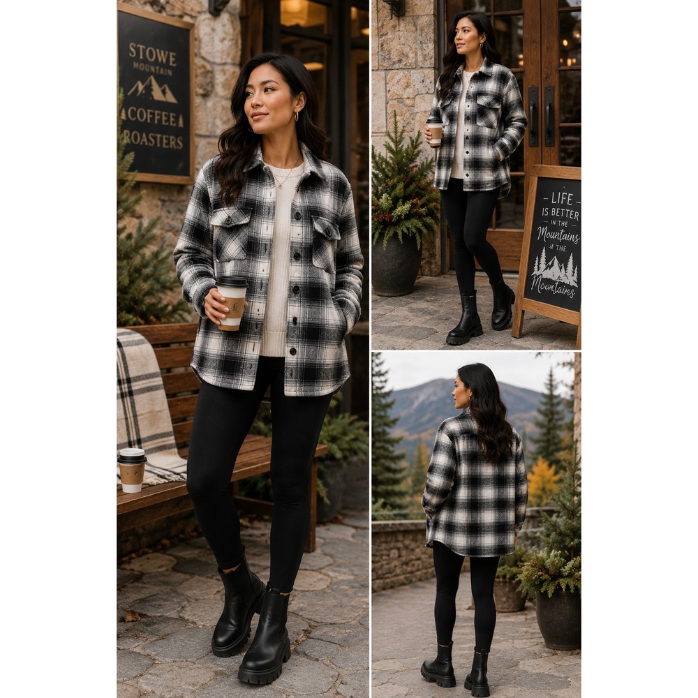 Thread & Supply Shacket Small Black Ivory Plaid Oversized Flannel Jacket Cozy‎